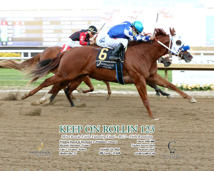 KEEP ON ROLLIN 123 - Miss Roxie Little Futurity Final - RG3 - 18th Running - 10-24-26 - R12 - IND - Action - Coady Media - Kurtis Coady Photography