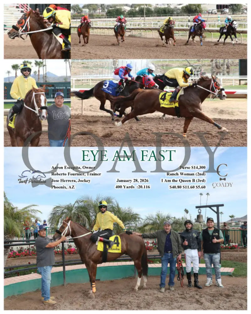 EYE AM FAST - 012826 - Race 01 - TUP Aaron Escapita, Owner Roberto Fournier, Trainer Jose Herrera, Jockey $40.80 $11.60 $5.60 400 Yards Purse $14,300 - Coady Media - Kurtis Coady Photography