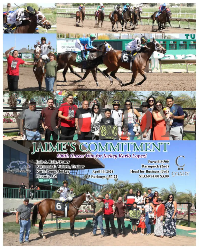 Jaime’s Commitment - 800Th Career Win For Jockey Karlo Lopez! 04 - 10 - 24 R05 Tup Turf Paradise