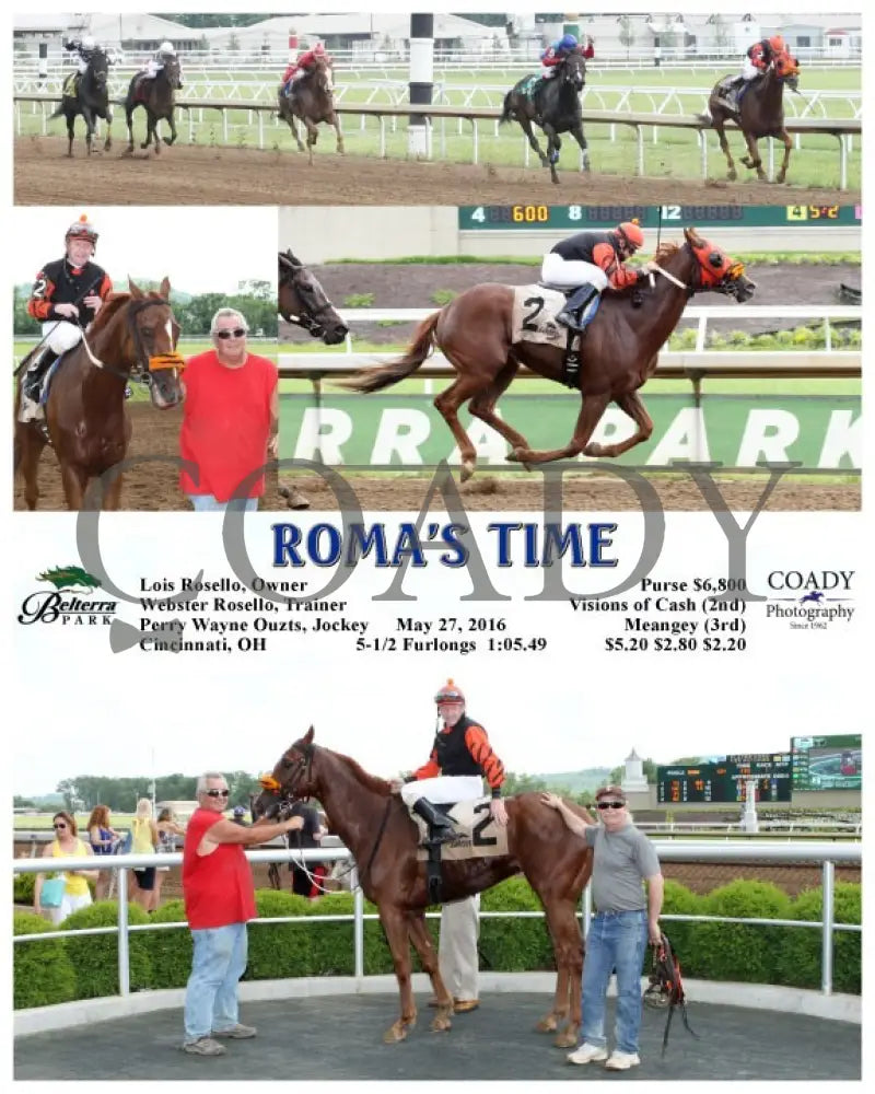 ROMA'S TIME - 052716 - Race 01 - BTP Lois Rosello, Owner Webster Rosello, Trainer Perry Wayne Ouzts, Jockey $5.20 $2.80 $2.20 5-1/2 Furlongs Purse $6,800 - Coady Media - Kurtis Coady Photography
