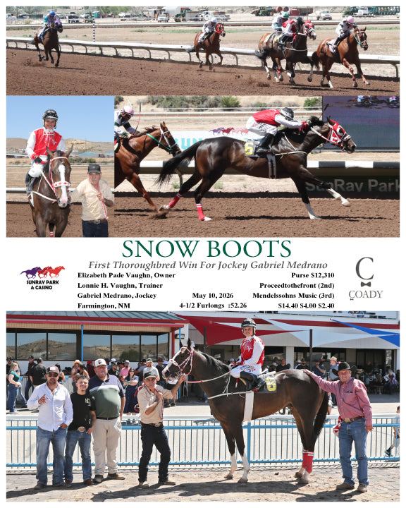 SNOW BOOTS - First Thoroughbred Win For Jockey Gabriel Medrano - 05-10-26 - R05 - SRP - Coady Media - Kurtis Coady Photography