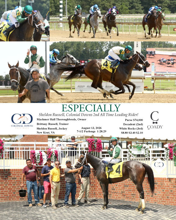 ESPECIALLY - Sheldon Russell, now Colonial Downs 2nd All Time Leading Rider!   New Track Record! - 08-13-26 - R06 - CNL