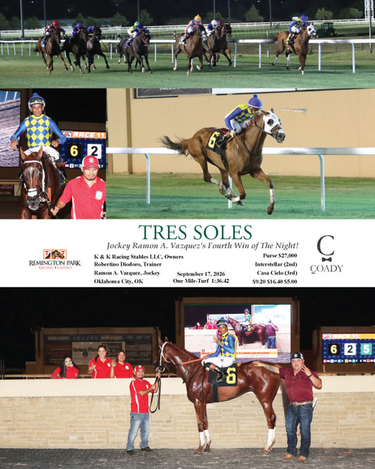 TRES SOLES - Jockey Ramon A. Vazquez's Fourth Win of The Night! - 09-17-26 - R11 - RP
