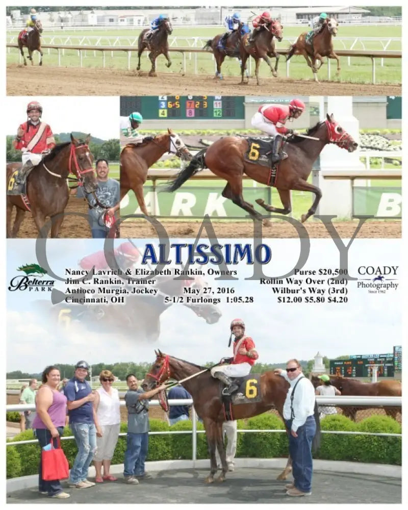 ALTISSIMO - 052716 - Race 02 - BTP Nancy Lavrich & Elizabeth Rankin, Owners Jim C. Rankin, Trainer Antioco Murgia, Jockey $12.00 $5.80 $4.20 5-1/2 Furlongs Purse $20,500 - Coady Media - Kurtis Coady Photography