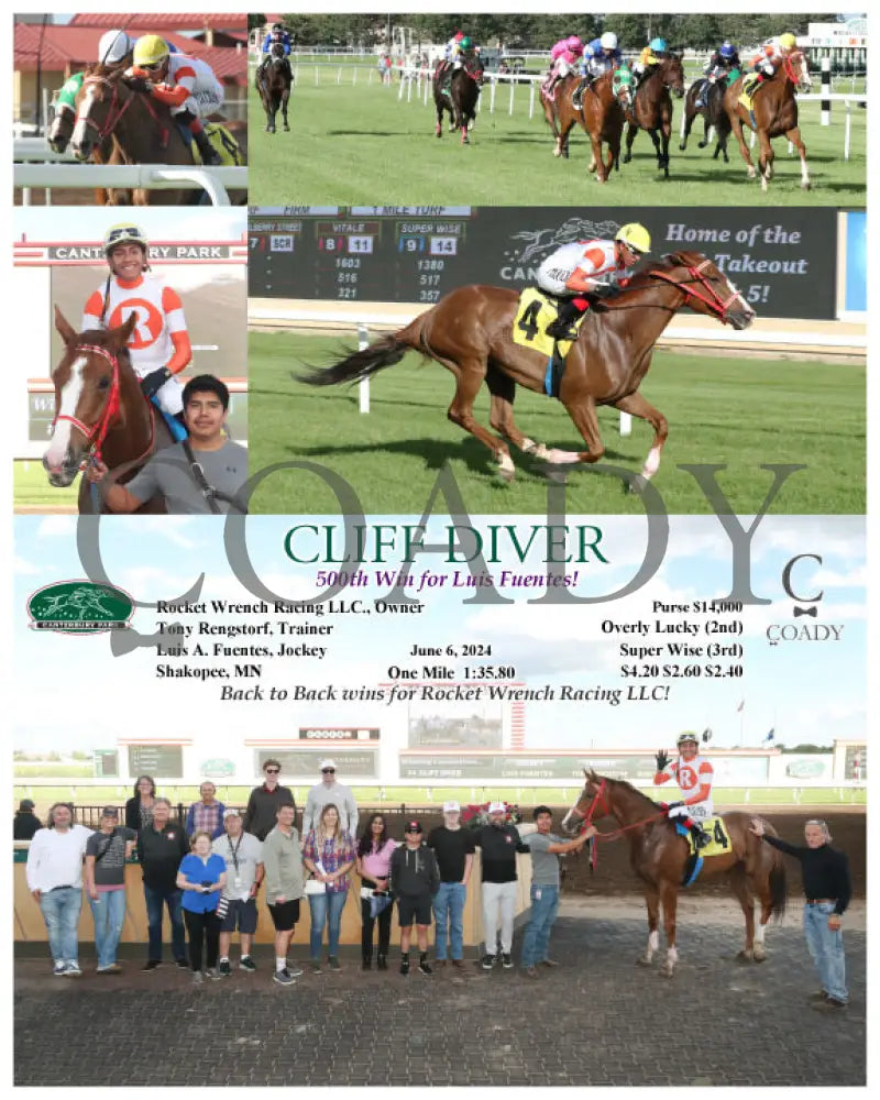 Cliff Diver - 500Th Win For Luis Fuentes! 06-06-24 R03 Cby Canterbury Park