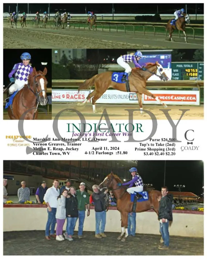 Indicator - Jockey’s First Career Win 04 - 11 - 24 R05 Ct Hollywood Casino At Charles Town Races
