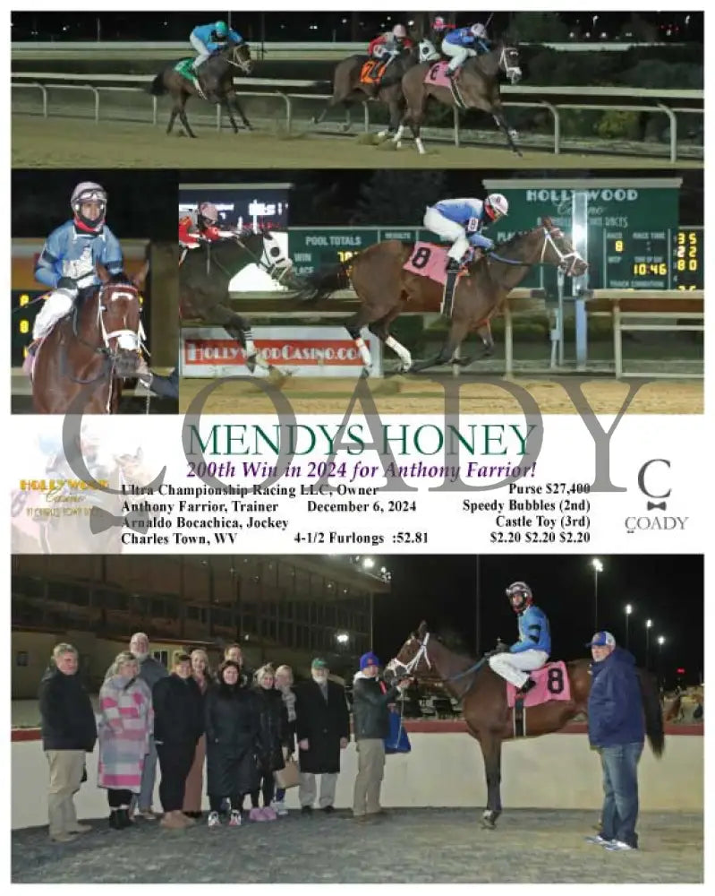 Mendys Honey - 200Th Win In 2024 For Anthony Farrior! 12-06-24 R08 Ct Hollywood Casino At Charles