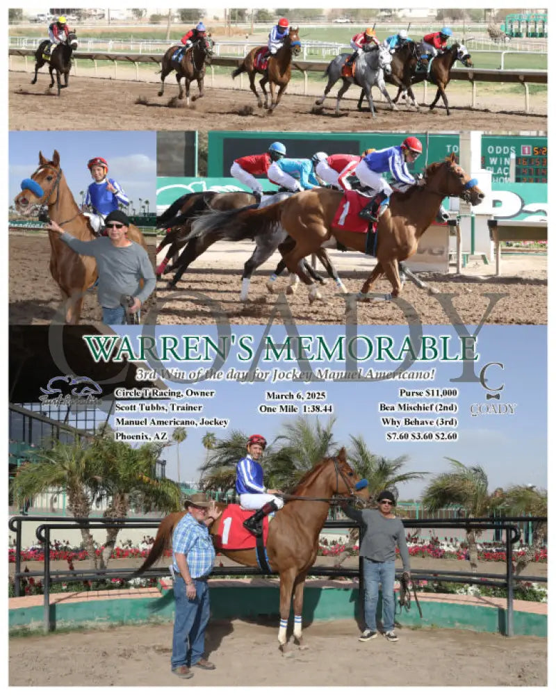 WARREN’S MEMORABLE - 3rd Win of the day for Jockey Manuel Americano! - 03-06-25 - R06 - TUP Turf Paradise
